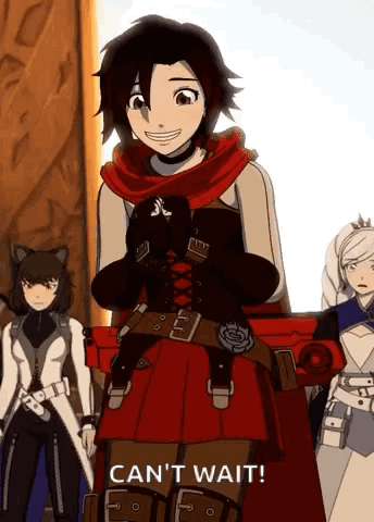Ruby Rose From Rwby Is Smiling While Holding A Gun And Says " Can T Wait " GIF