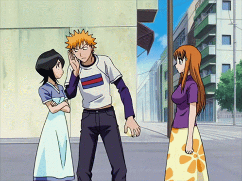 Rukia And Ichigo With Orihime Talking GIF