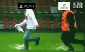Running Man with PS4 Xbox One Logos on Head