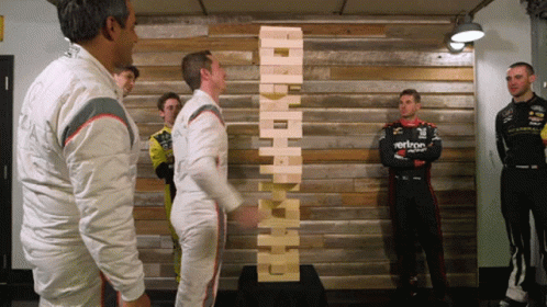 Ryan Blaney Playing Huge Jenga With Friends GIF