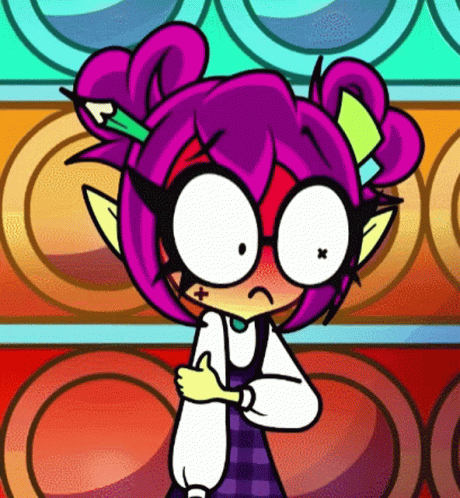 Sad Cartoon Character with Purple Hair and Glasses