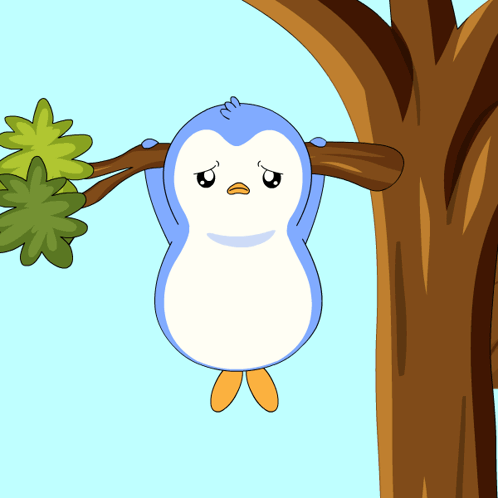Sad Penguin Hanging From Tree Branch GIF