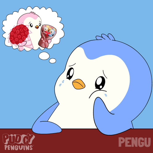 Sad Penguin Sitting At Table Saying Pengu GIF
