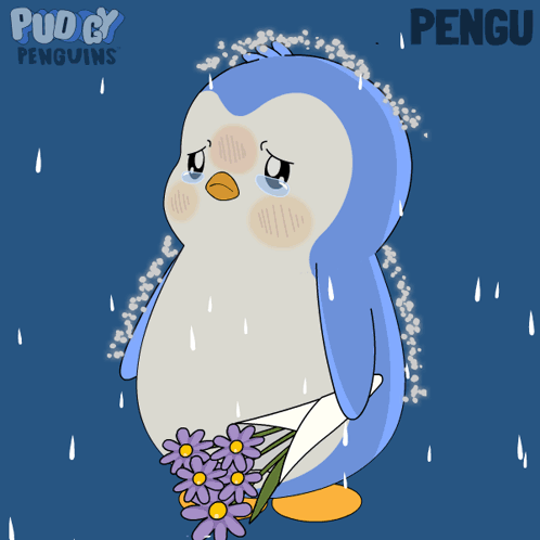 Sad Penguin with Purple Flowers in Rain Pengu