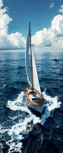Sailboat Floating in Ocean with Cloudy Sky