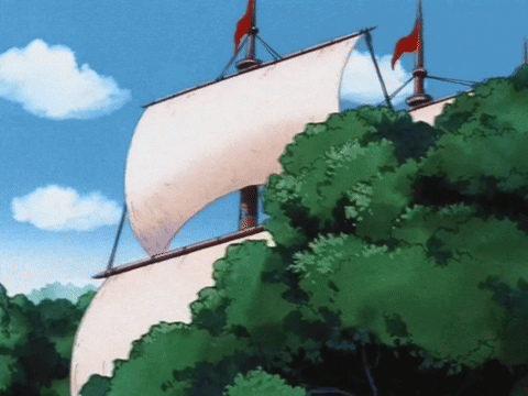 Sailboat With Red Flag Among Trees
