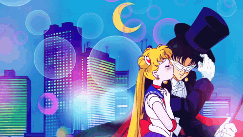 Sailor Moon And Tuxedo Mask Kissing In Front Of A Cityscape GIF