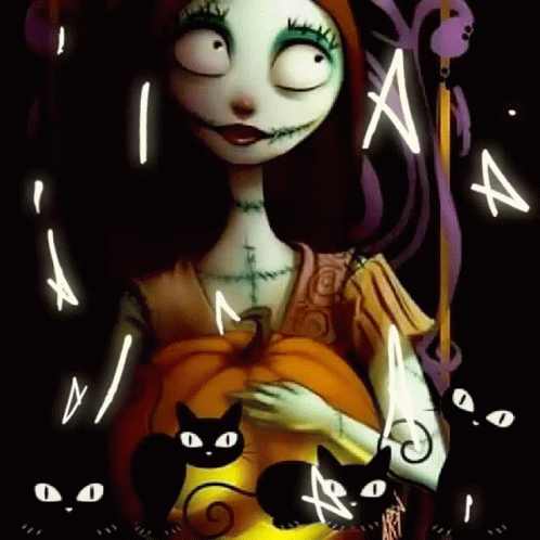 Sally From The Nightmare Before Christmas Is Holding A Pumpkin And Surrounded By Black Cats GIF
