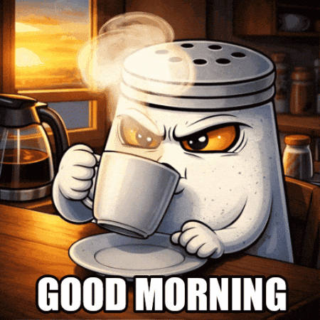 Salt Shaker Drinking Coffee Saying Good Morning