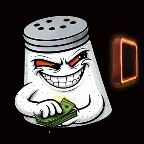Salt Shaker Holding Money in Front of Neon Sign Saying Wow I