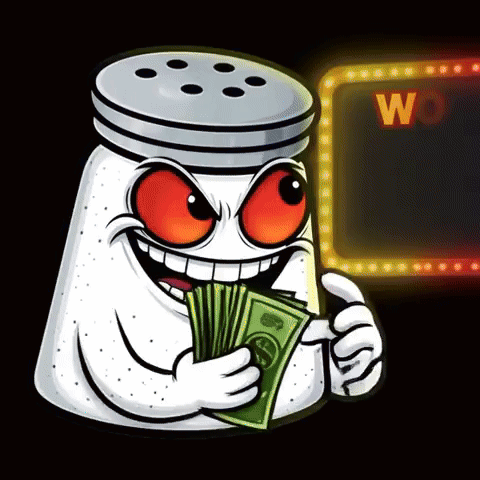 Salt Shaker Red Eyes Holding Pile of Money