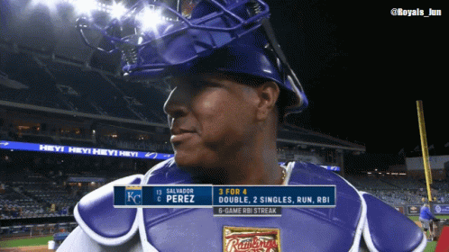Salvador Perez Blue Helmet on Field