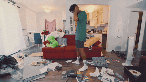 Samm Henshaw In Messy Living Room GIF