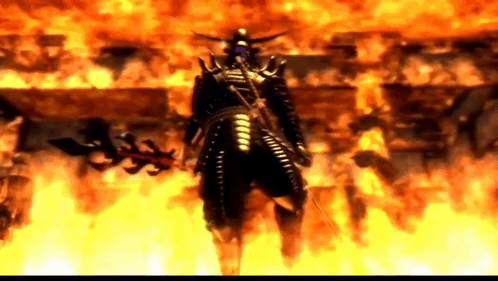 Samurai Holding Sword in Front of Fire