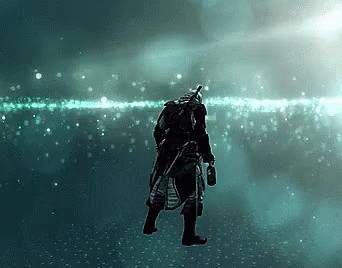 Samurai Man Standing in Water Holding Sword