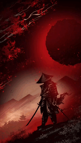 Samurai with Sword and Hat Standing on Hill