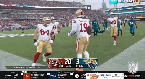 San Francisco 49Ers Player Number 19 Celebrates With Another Player GIF