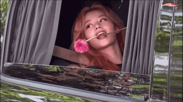 Sana Adorably Biting A Pink Rose GIF