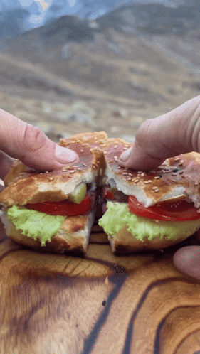 Sandwich With Lettuce Tomatoes and Sesame Seeds Cut in Half