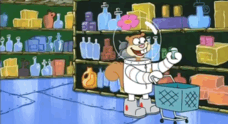 Sandy Cheeks From Spongebob Squarepants Is Holding A Shopping Cart In A Store GIF