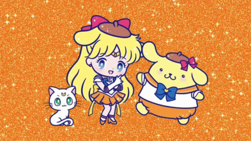 Sanrio Sailor Venus, Artemis, And Pompompurin GIF