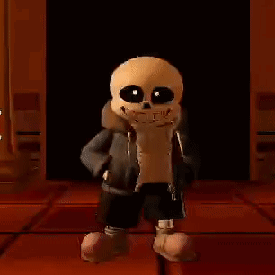 sans from undertale is standing on a tiled floor in a dark room and smiling .