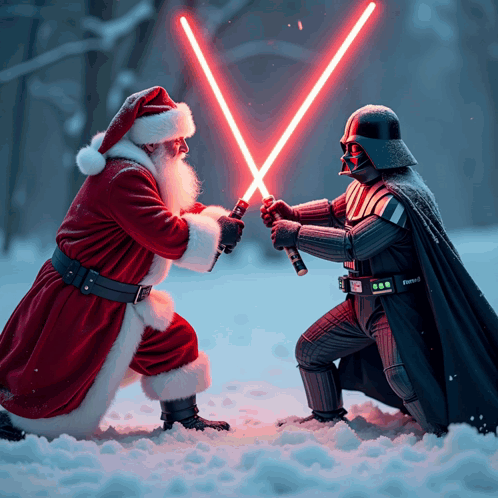 Santa and Darth Vader Holding Lightsabers