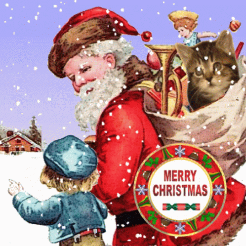 Santa Carrying Merry Christmas Cat GIF