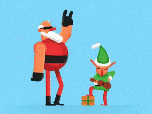 Santa Claus and Elf Standing on Blue Background