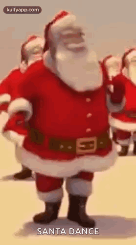 Santa Claus Dancing in Snow With Santas Behind