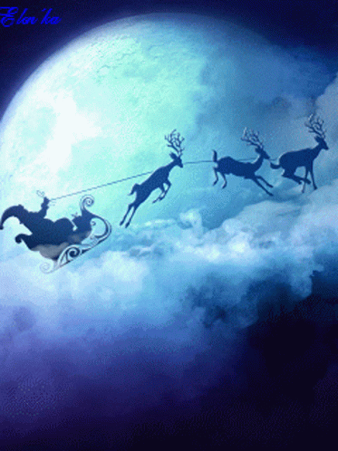 Santa Claus Is Being Pulled By Reindeer In A Sleigh In The Sky GIF