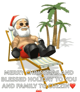 Santa Claus Is Sitting In A Beach Chair With A Palm Tree In The Background . GIF