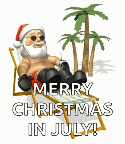 Santa Claus Is Sitting In A Beach Chair With The Words Merry Christmas In July Below Him GIF