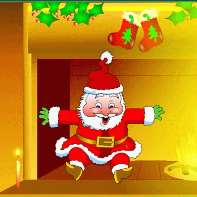 Santa Claus Sitting by Fireplace With Stockings