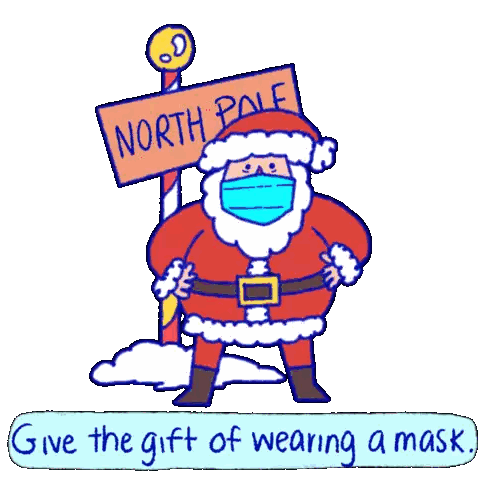 Santa Claus Wearing Mask Holding North Pole Sign