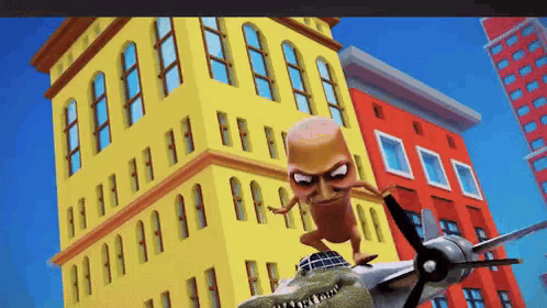 Sausage Standing Next to Plane at Yellow Building