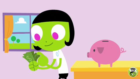 Save Money Character Putting Cash Into Piggy Bank GIF