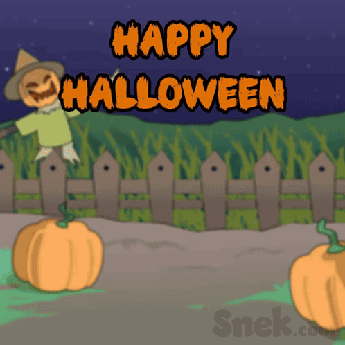 Scarecrow in Front of Fence With Pumpkins Happy Halloween