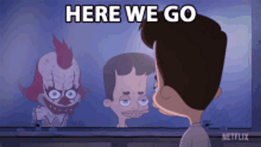 Scary Clown In Mirror And Here We Go Animation GIF