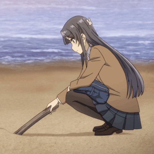 Schoolgirl Squatting On Beach Holding Stick GIF