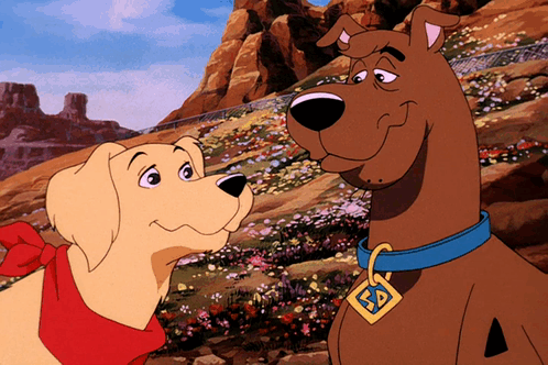 Scooby Doo And A Dog Are Standing Next To Each Other In A Field GIF