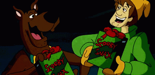 Scooby Doo And Shaggy Are Holding A Box That Says Scooby Snax On It GIF