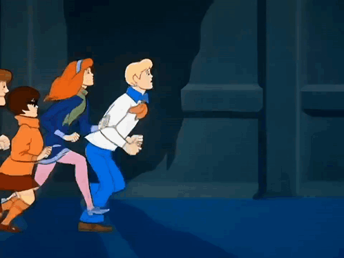 Scooby Doo Characters Running In Dark Room GIF