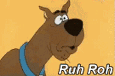 Scooby Doo Is A Cartoon Dog With A Blue Collar And The Words `` Ruh Roh '' Below Him . GIF