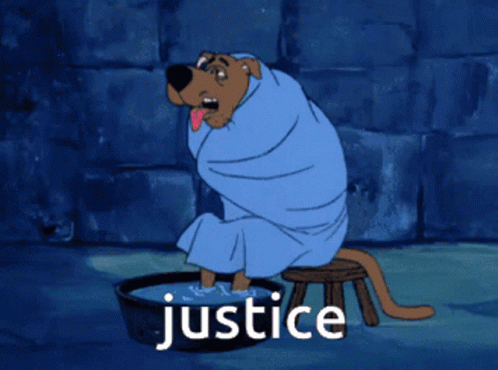 Scooby Doo Is Wrapped In A Blue Blanket And Sitting In A Bowl Of Water With The Word Justice Written Above Him GIF