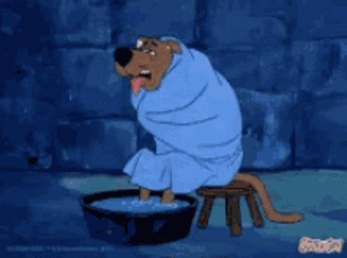 Scooby Doo Wrapped In Blue Towel Sitting On Stool GIF
