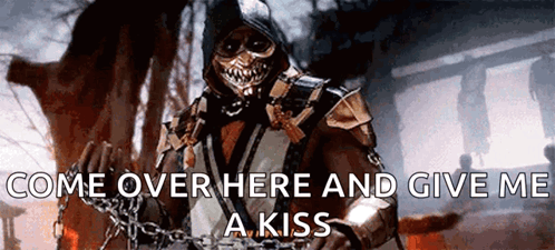 Scorpion From Mortal Kombat Is Chained Up And Says Come Over Here And Give Me A Kiss . GIF