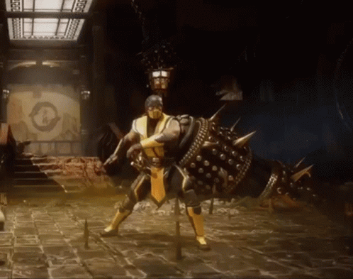 Scorpion From Mortal Kombat Is Standing On A Brick Floor GIF