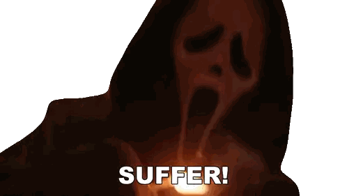Scream Mask Holding Lit Match With Suffer Text
