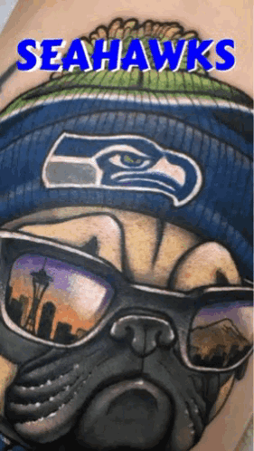 Seahawks Tattoo Pug Wearing Sunglasses And Hat GIF